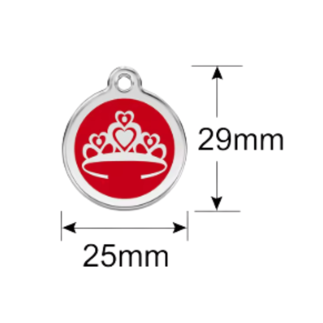 Stylish Pet Tag Designer Tiara Crown in polished alloy, perfect for keeping your pet safe and looking fabulous.