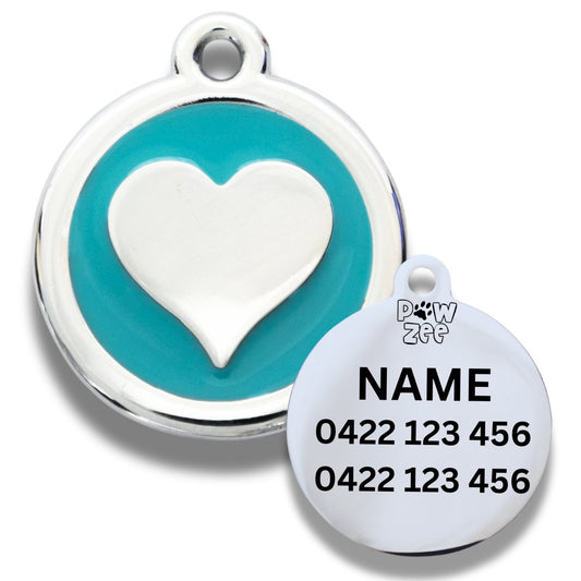 Stylish BLUE Heart Designer Pet Tag by Pawzee, engraved for safety and style, perfect for your beloved pet.