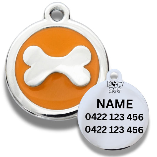 Stylish ORANGE Pet Tag Designer Bone by Pawzee, featuring durable alloy and engraved contact details for pet safety.