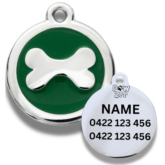 Stylish GREEN Pet Tag Designer Bone by Pawzee, durable and engraved for your pet's safety and style.