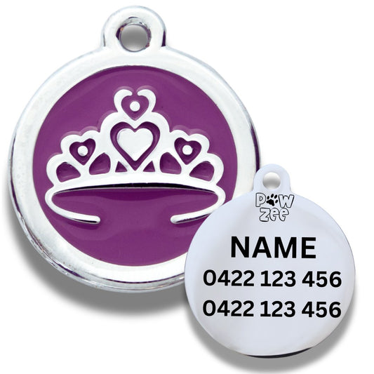 Stylish PURPLE Tiara Crown Designer Pet Tag, engraved and durable, perfect for keeping your pet safe with flair.