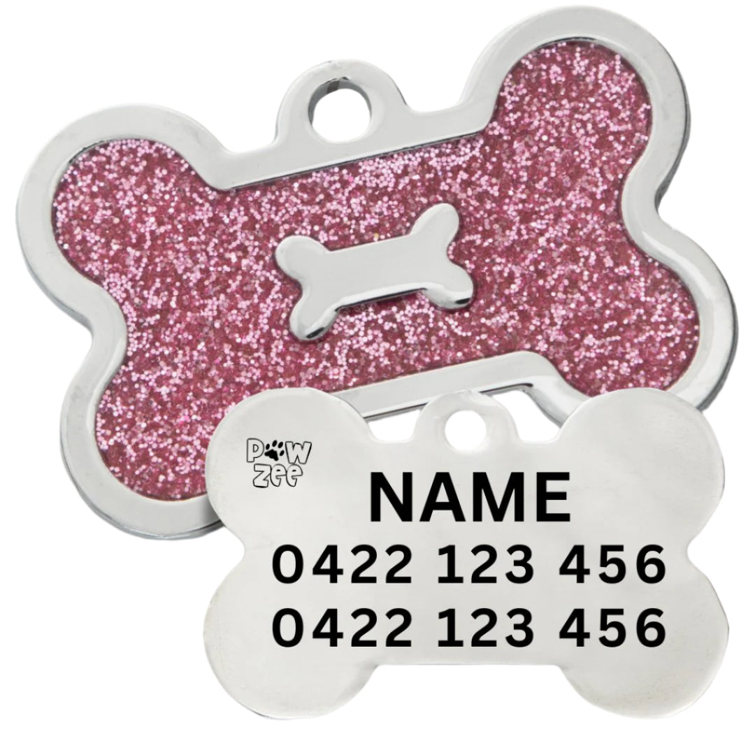 Pink Glitter Bone Pet Tag