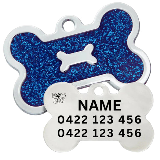 Dog Tag Designer Glitter Bone BLUE
