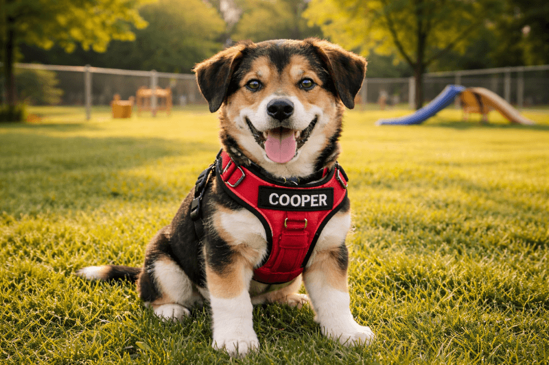 Smiling dog in pink personalised harness named Jessie with scenic mountain background