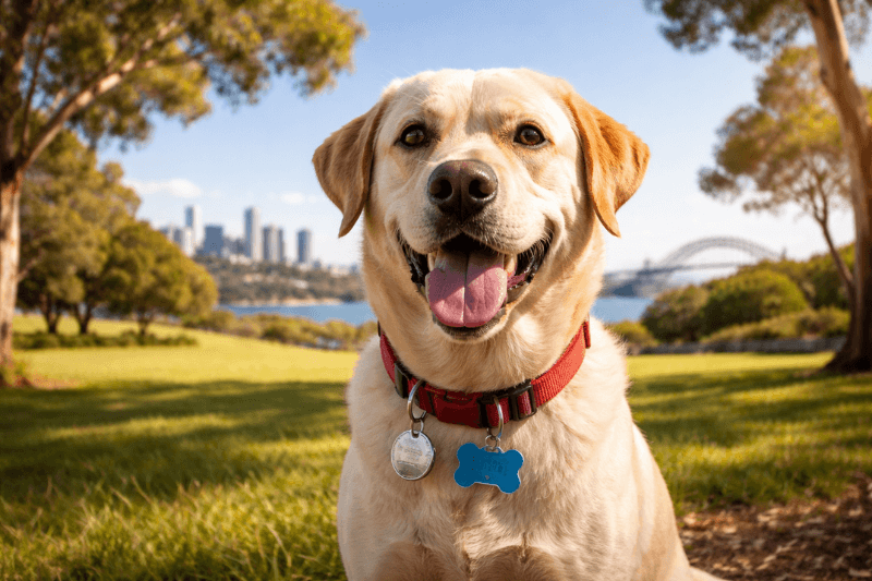 Labrador with collar and ID tags in an Australian park with city skyline behind