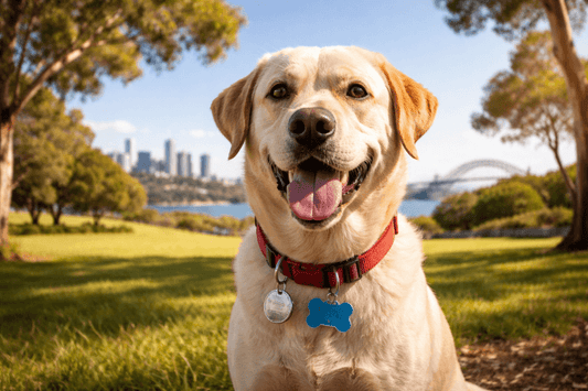 Labrador with collar and ID tags in an Australian park with city skyline behind