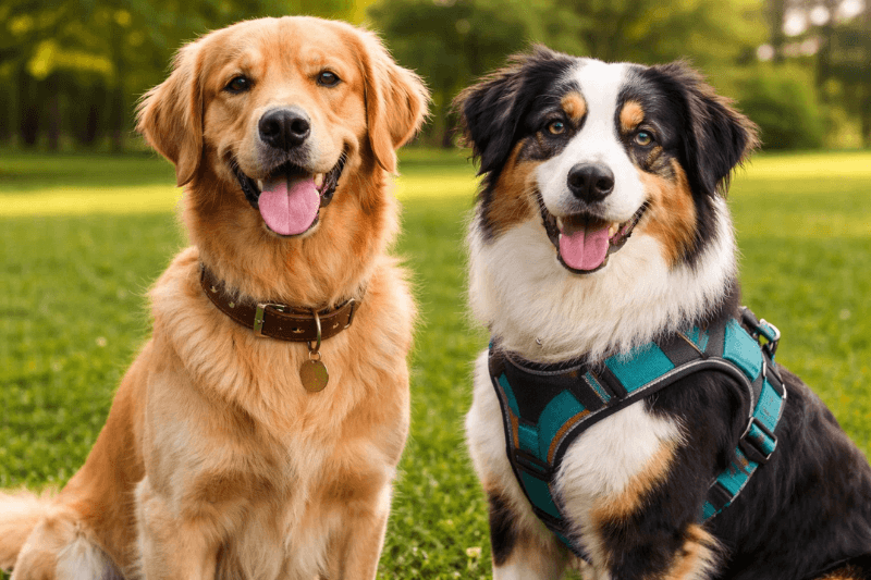 Two happy dogs sitting on grass outdoors, one wearing a brown collar with an ID tag and the other wearing a teal harness