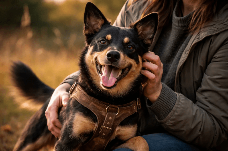 Happy black and tan dog wearing a brown leather harness while sitting beside its owner outdoors