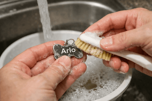 Cleaning a dog tag with soap and a brush under running water to remove dirt and restore readability