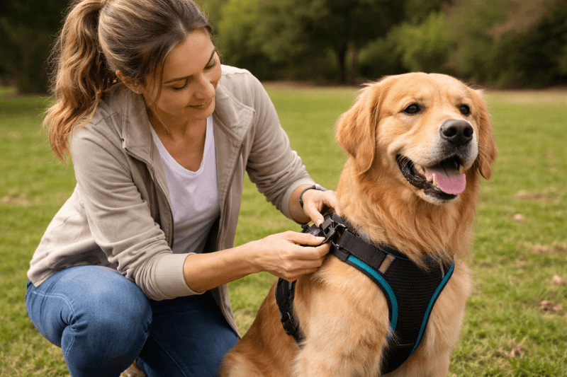Woman adjusting a dog harness on a golden retriever in a park