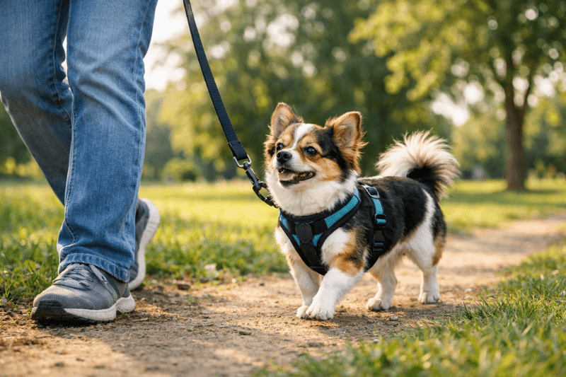 Small dog walking calmly in a harness beside owner during loose-leash training outdoors