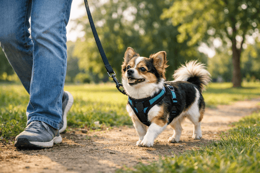 Small dog walking calmly in a harness beside owner during loose-leash training outdoors