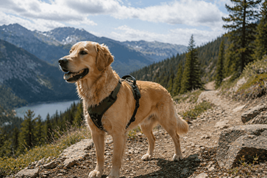 Golden retriever wearing overhead dog harness on mountain trail outdoors