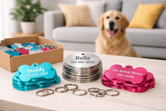 Bulk pet ID tags on a living room table with rings and a dog softly blurred in background