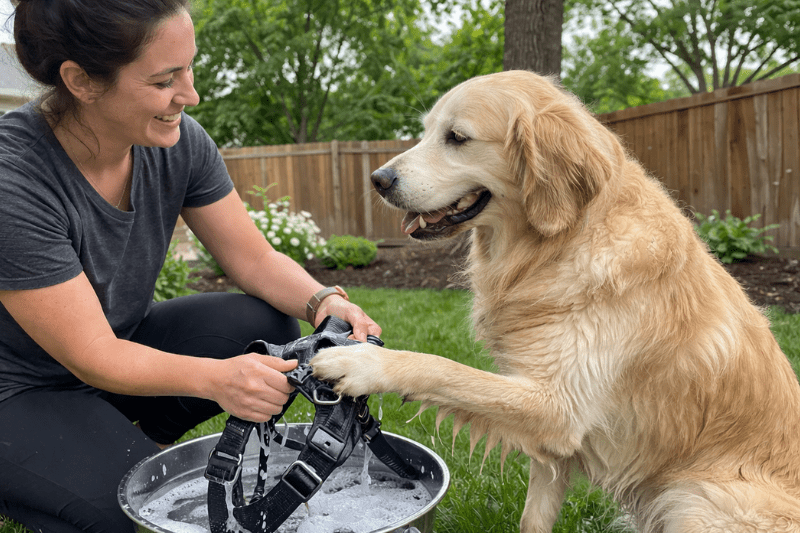 Dog helping owner clean harness in soapy water outdoors during regular maintenance routine