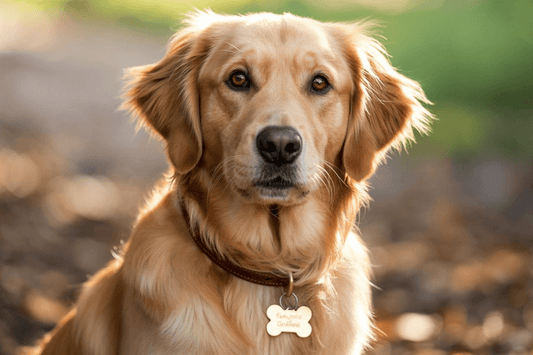 Golden Retriever dog wearing a bone-shaped name tag on its collar outdoors
