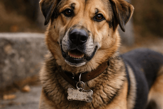 Dog wearing a collar with a faded engraved ID tag that needs replacement