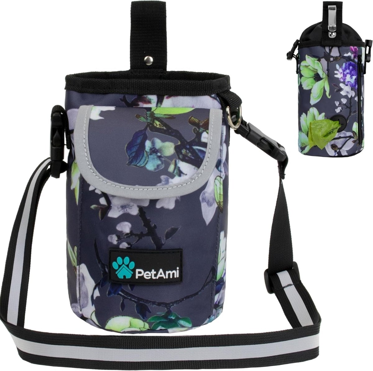 Dog Treat Pouch, Large Pet Training Treat Pouch with Pocket, Dog Trainer Essentials Supply Holder with Poop Bag Dispenser, Training Bag for Kibbles Toys, 3 Ways to Wear (Floral Grey)