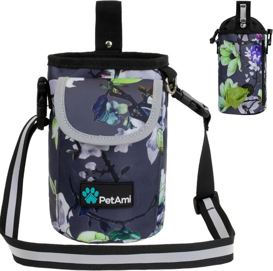 Dog Treat Pouch, Large Pet Training Treat Pouch with Pocket, Dog Trainer Essentials Supply Holder with Poop Bag Dispenser, Training Bag for Kibbles Toys, 3 Ways to Wear (Floral Grey)
