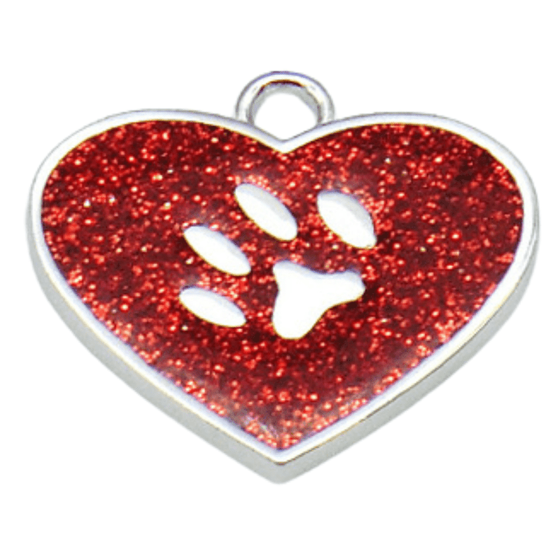 Heart personalised dog tag in red glitter enamel with engraved name and phone number