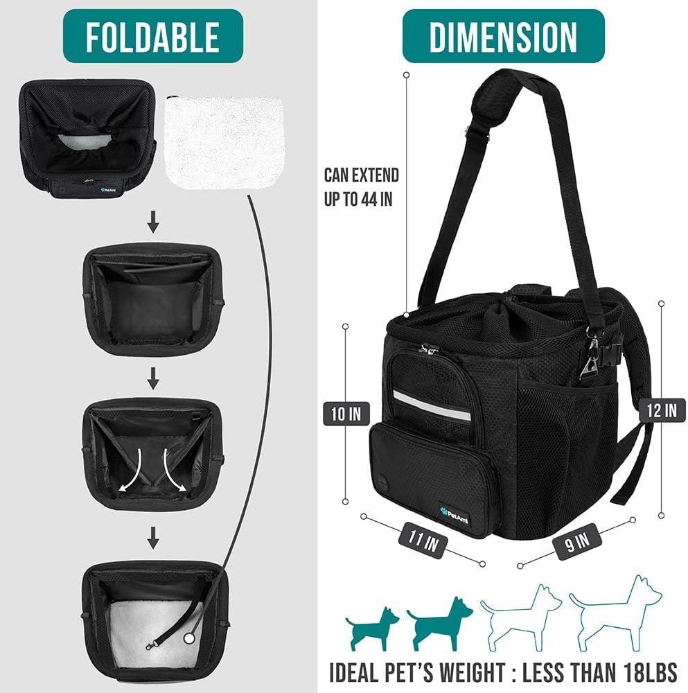Dog Bike Basket, Soft-Sided Ventilated Dog Bike Carrier Backpack, Dog Pet Bicycle Basket for Bike Handlebar, Small Medium Puppy Cat Kitten Car Booster Seat with Safety Strap (Black)