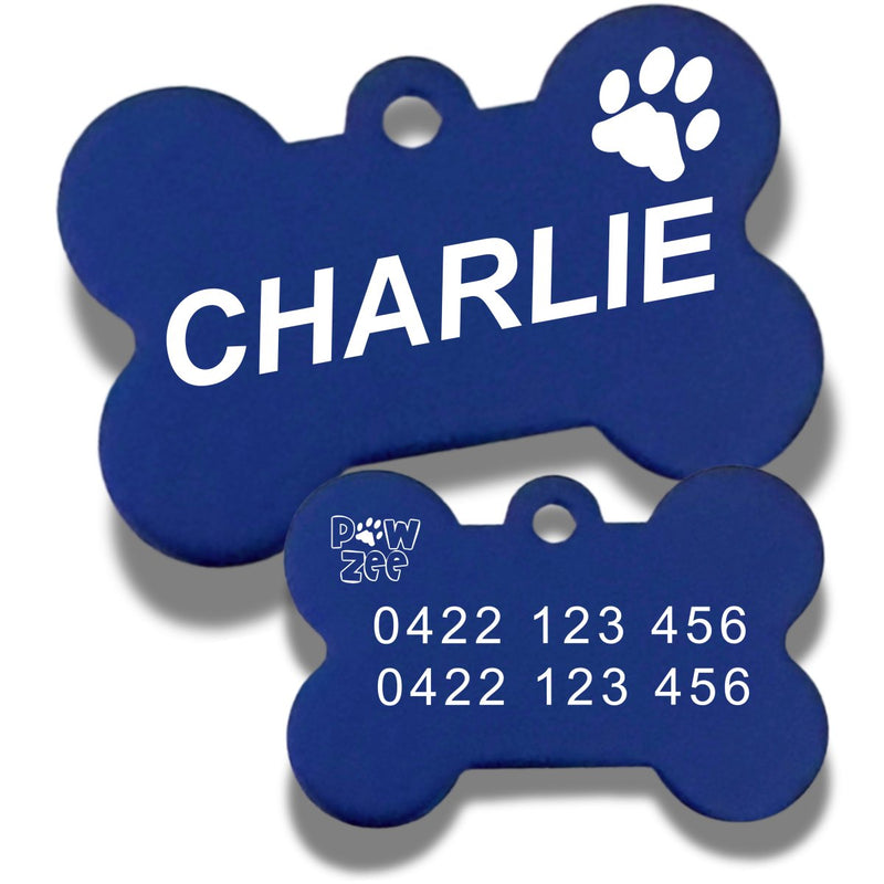 Bone personalised dog name tag in blue aluminium with engraved pet name and phone number