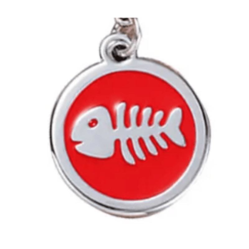 Stylish Fish Designer Pet ID Tag in red and silver, perfect for keeping your pet safe and stylish.