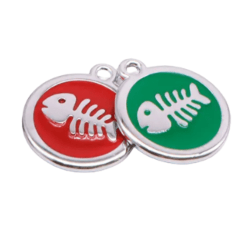Colorful Fish Designer Pet ID Tag in red and green, crafted from polished alloy for stylish pet safety.