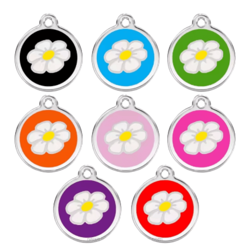 Colorful Flower Designer Pet Tags in various shades, perfect for keeping your pet stylish and safe.