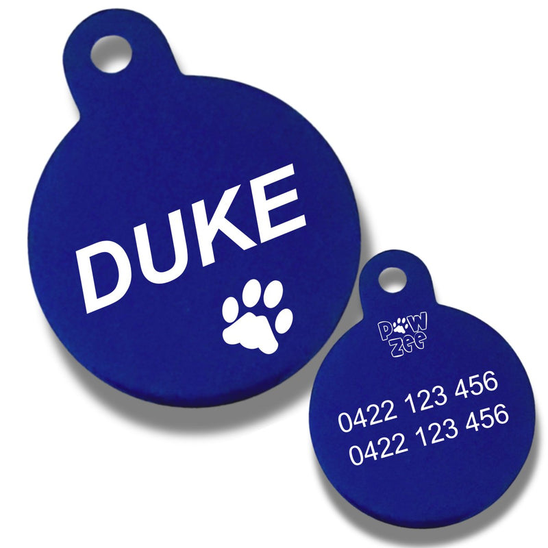 Round personalised dog name tag in blue aluminium with engraved pet name and phone number