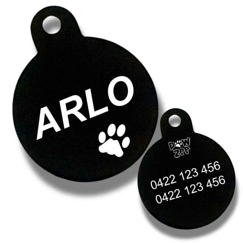 Round personalised dog name tag in black aluminium with engraved pet name and phone number