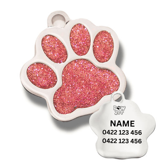 Stylish Pet Tag Glitter Paw - Pink ensures your pet's safety with customizable engraving and durable glitter design.