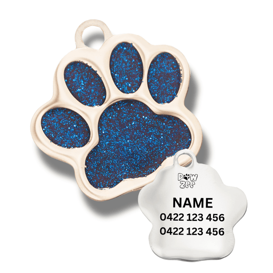 Stylish Pet Tag Glitter Paw - Blue features durable alloy and custom engraving for your pet's safety and flair.