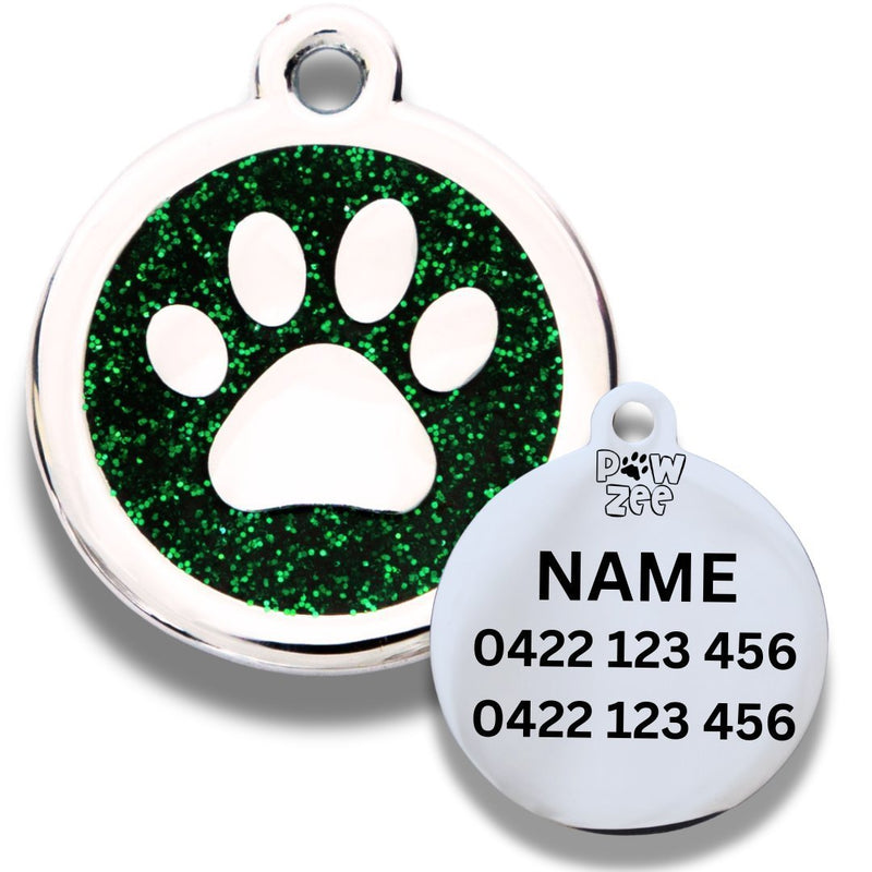 Paw personalised dog tag in green glitter enamel with engraved name and phone number