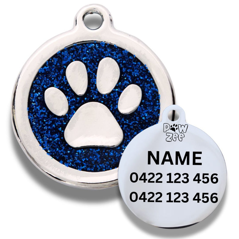 Paw personalised dog tag in blue glitter enamel with engraved name and phone number