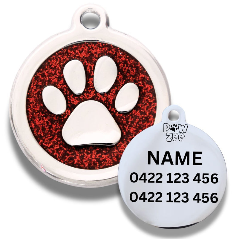 Paw personalised dog tag in red glitter enamel with engraved name and phone number