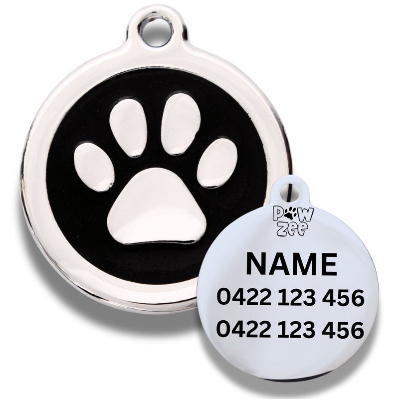 Paw personalised dog tag in black enamel with engraved name and phone number