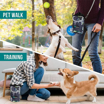 Dog Treat Pouch, Large Pet Training Treat Pouch with Pocket, Dog Trainer Essentials Supply Holder with Poop Bag Dispenser, Training Bag for Kibbles Toys, 3 Ways to Wear (Floral Grey)
