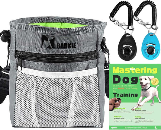 Dog Treat Pouch and 2 Dog Training Clickers with Dog Positive Reinforcement Training Booklet (Grey)