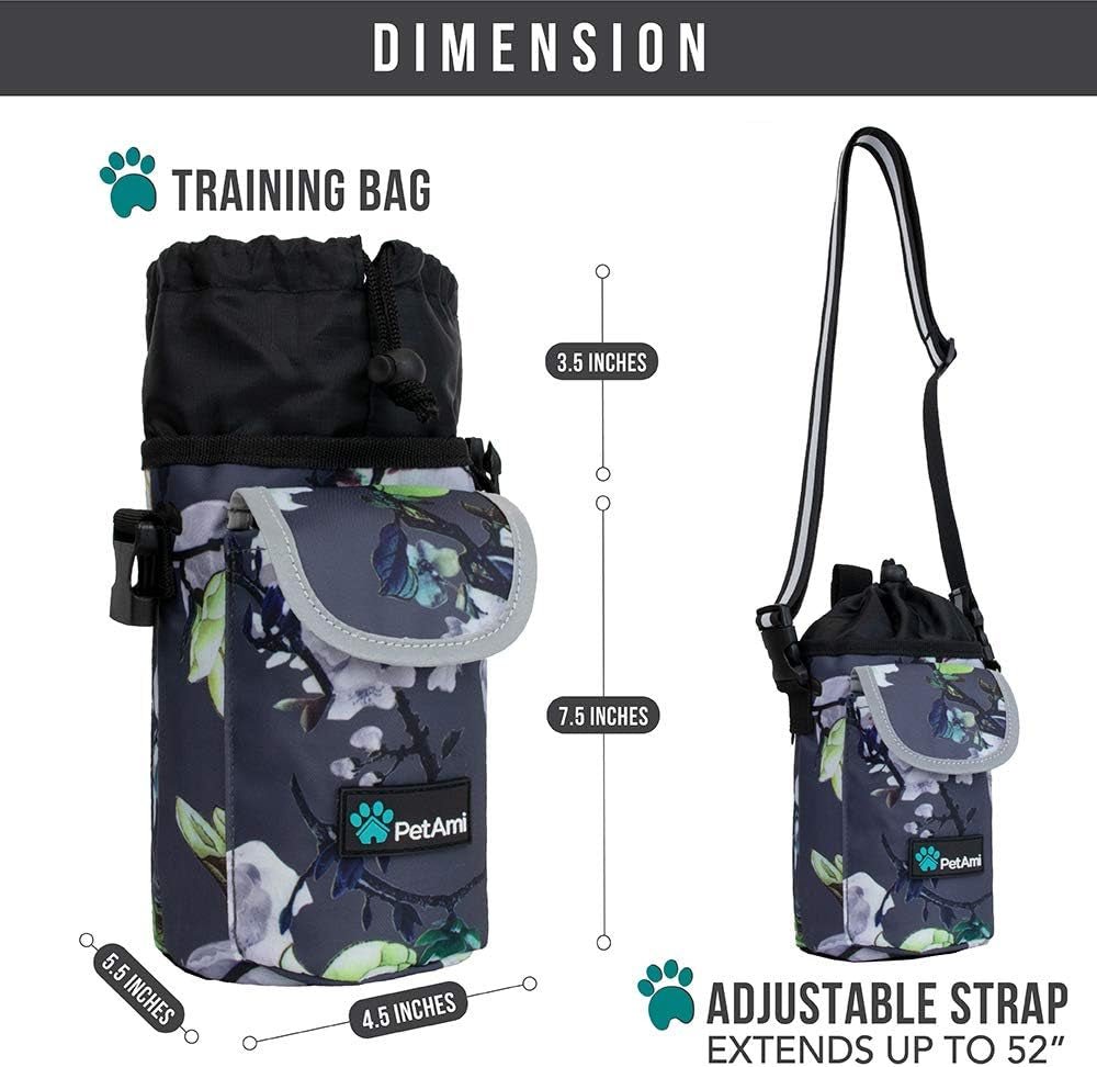 Dog Treat Pouch, Large Pet Training Treat Pouch with Pocket, Dog Trainer Essentials Supply Holder with Poop Bag Dispenser, Training Bag for Kibbles Toys, 3 Ways to Wear (Floral Grey)
