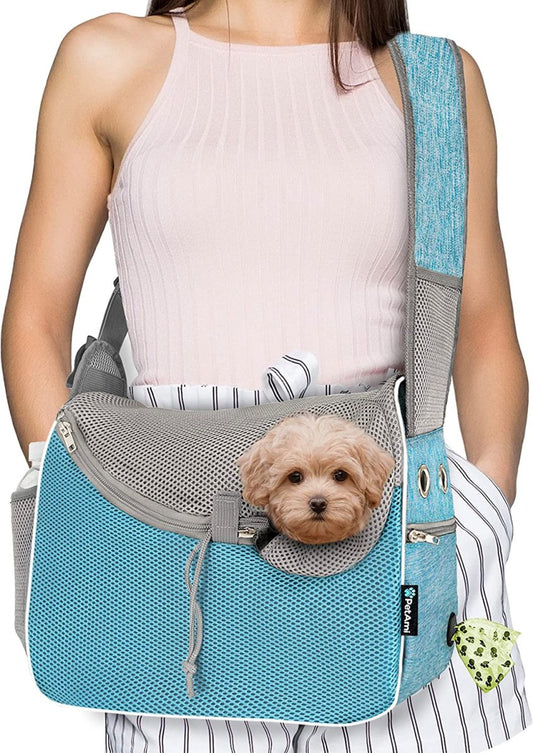 Small Dog Sling Carrier, Soft-Sided Crossbody Puppy Carrying Purse Bag, Adjustable Sling Pet Pouch to Wear Medium Dog Cat Travel, Dog Bag for Traveling, Breathable, Poop Bag Dispenser, Blue