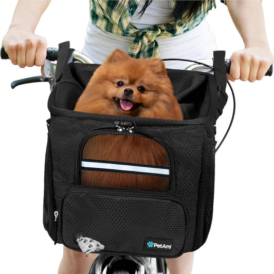 Dog Bike Basket, Soft-Sided Ventilated Dog Bike Carrier Backpack, Dog Pet Bicycle Basket for Bike Handlebar, Small Medium Puppy Cat Kitten Car Booster Seat with Safety Strap (Black)