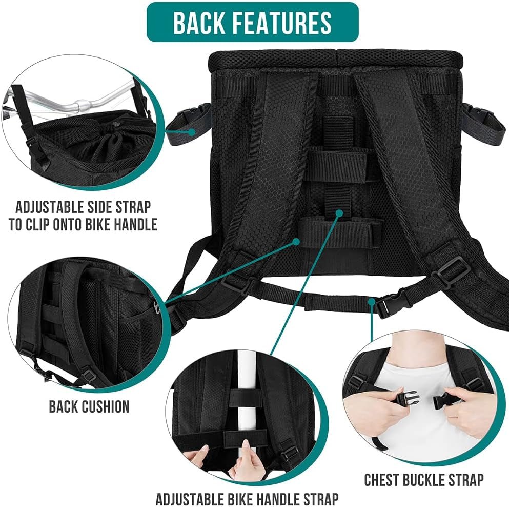 Dog Bike Basket, Soft-Sided Ventilated Dog Bike Carrier Backpack, Dog Pet Bicycle Basket for Bike Handlebar, Small Medium Puppy Cat Kitten Car Booster Seat with Safety Strap (Black)