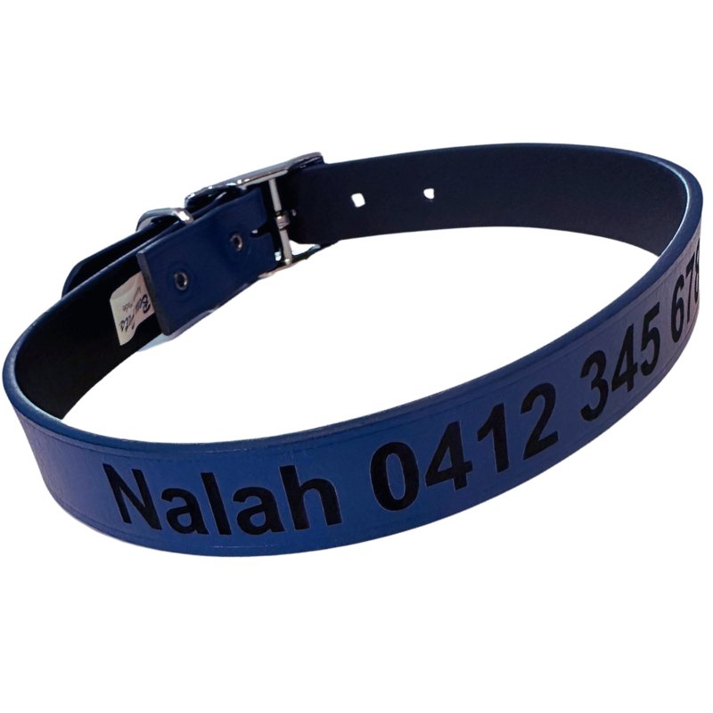 Personalised Dog Collar Classic Leather in blue, crafted from genuine leather for stylish and comfortable wear.