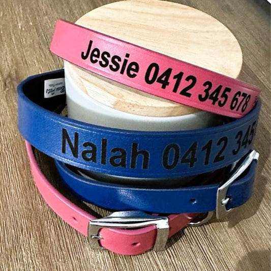 Personalised Dog Collar Classic Leather in vibrant colors, featuring engraved names and numbers for your pet's safety.