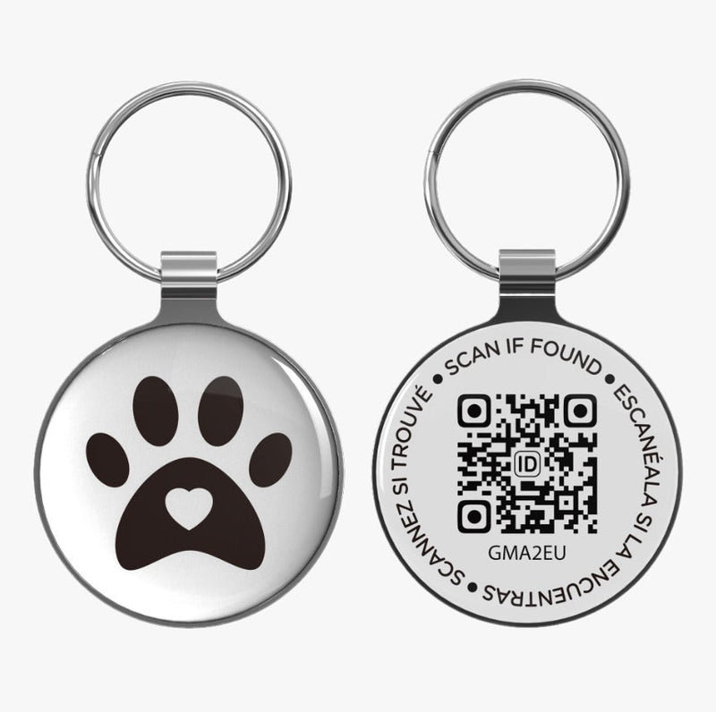 Durable smart dog tags with a paw print design and a QR code on the bottom half.