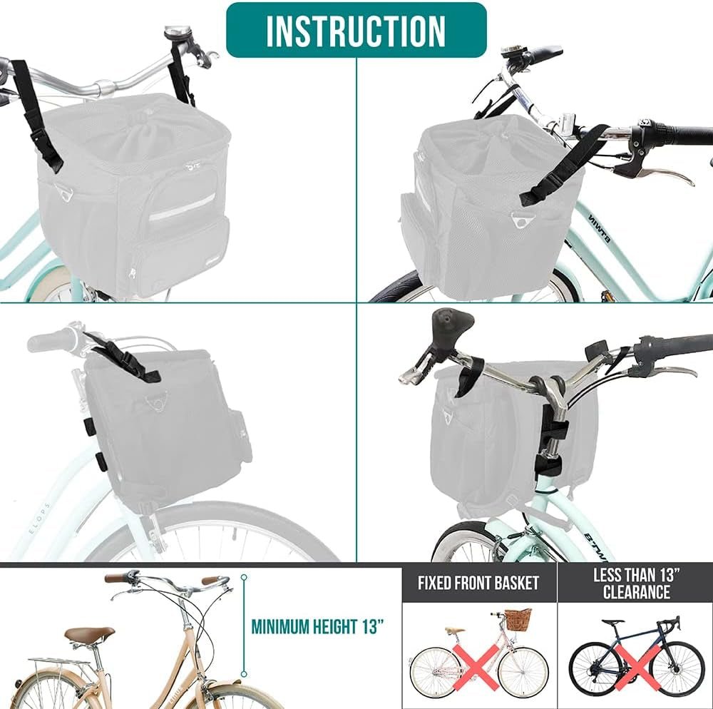 Dog Bike Basket, Soft-Sided Ventilated Dog Bike Carrier Backpack, Dog Pet Bicycle Basket for Bike Handlebar, Small Medium Puppy Cat Kitten Car Booster Seat with Safety Strap (Black)