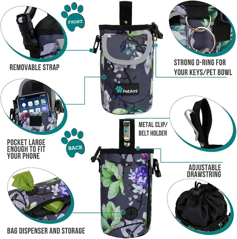 Dog Treat Pouch, Large Pet Training Treat Pouch with Pocket, Dog Trainer Essentials Supply Holder with Poop Bag Dispenser, Training Bag for Kibbles Toys, 3 Ways to Wear (Floral Grey)