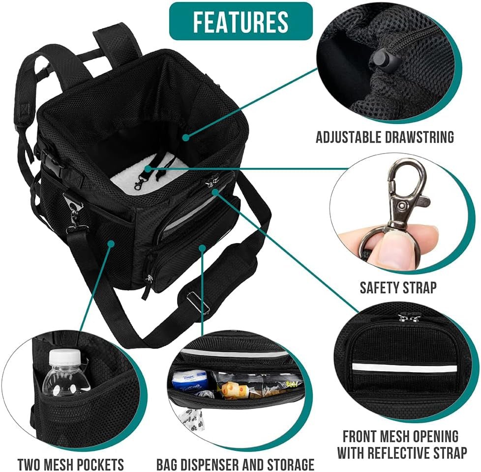 Dog Bike Basket, Soft-Sided Ventilated Dog Bike Carrier Backpack, Dog Pet Bicycle Basket for Bike Handlebar, Small Medium Puppy Cat Kitten Car Booster Seat with Safety Strap (Black)