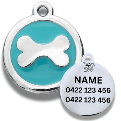 Pet ID tag with blue background and white bone design, featuring a brand logo and text.